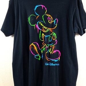 Hanes Black Disney World Tee Shirt Neon Relief MICKEY MOUSE LG Womans Mens Teen